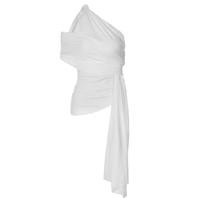 Trendy Asymmetrical Tops for Woman Streetwear Clothing Twisted One Shoulder Ruched Tank Tops White