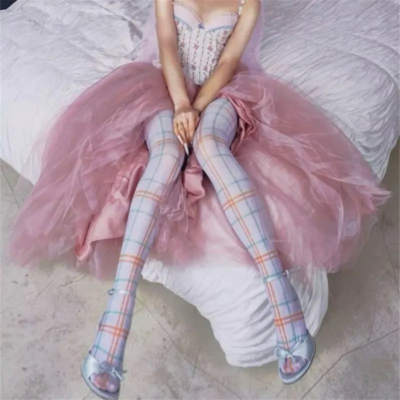 Womens Y2K Printed Sheer Tights Color Plaid Polka Dot Pattern Transparent Pantyhose Fashion Street Cosplay Hosiery