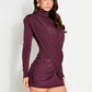 High Neck Shoulder Pads Long Sleeve Sexy Mini Dress Women Draped Cross Front Ruched Slim Bodycon Nightclub Party Dress