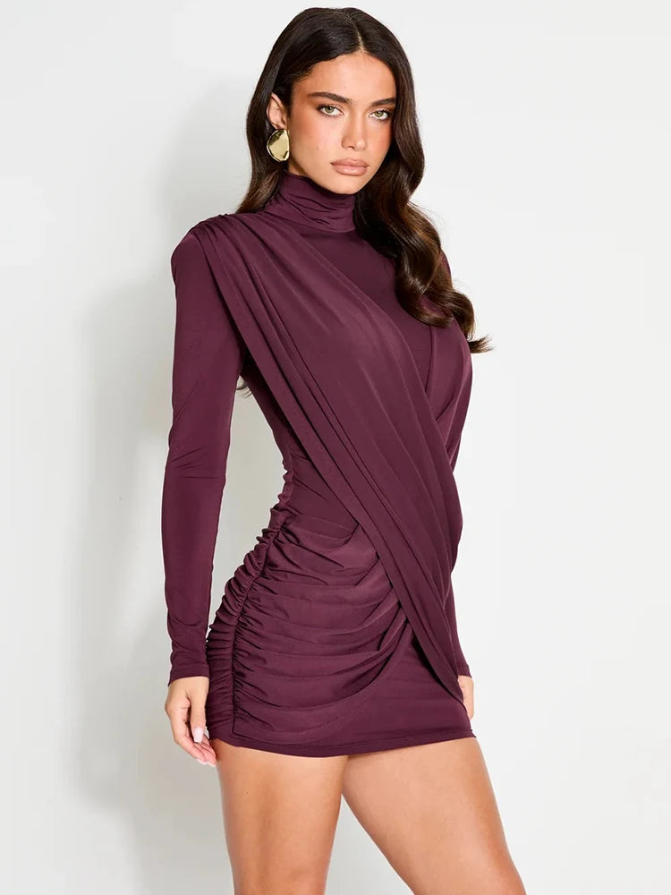 High Neck Shoulder Pads Long Sleeve Sexy Mini Dress Women Draped Cross Front Ruched Slim Bodycon Nightclub Party Dress