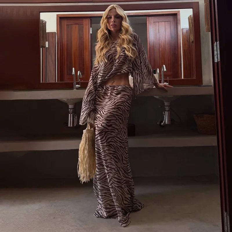 Vacation Outfits for Woman 2 Piece Sets Zebra Print Sheer Chiffon Long Sleeve Crop Top and Maxi Skirt Set
