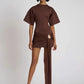 Fashion Short Sleeve Ruched Sexy Mini Dress Women Elegant Metal Decoration Solid O Neck High Waist Club Dresses New