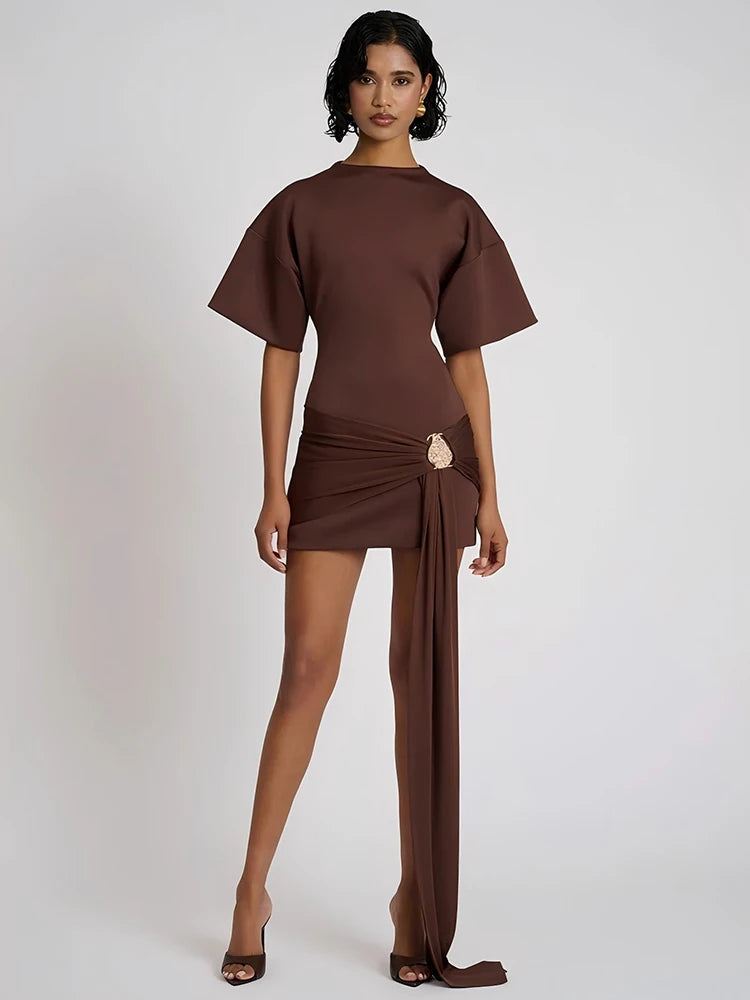 Fashion Short Sleeve Ruched Sexy Mini Dress Women Elegant Metal Decoration Solid O Neck High Waist Club Dresses New