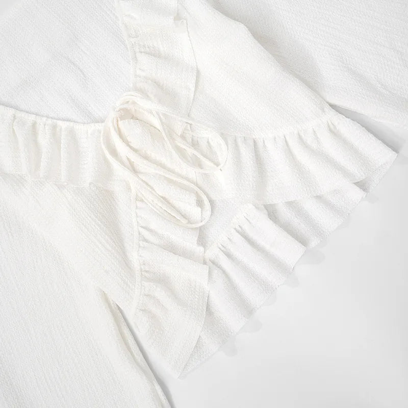 V Neck Ruffled Long Sleeve Tops for Woman Elegant White Shirts and Blouses Resort Wear Tie Front Cardigan