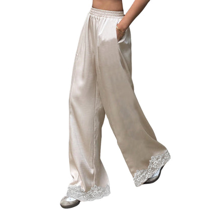 Women Satin Silk Lace Trim Pants Y2k High Street Elastic Waist Wide Leg Pj Lounge Boxer Bottoms Trendy Causal Trousers