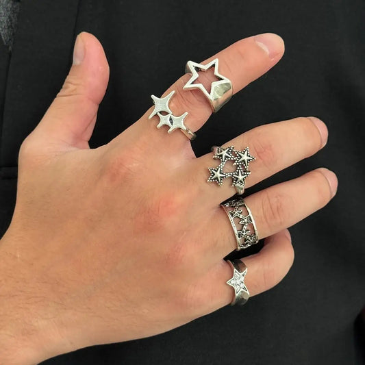 5Pcs Hip Hop Hollow Out Stars Open Rings Set for Men Gothic Geometric Pentagram Adjustable Knuckle Ring Party Jewelry New
