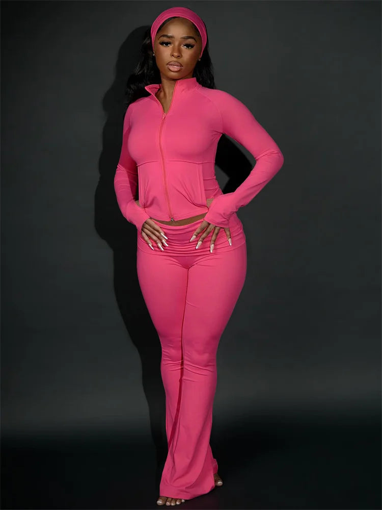 Casual Sexy Tracksuits 3-Piece Set Women Zip Pocket Jackets+Folded Waist Pants+Headband Matching Simple Sporty Outfits