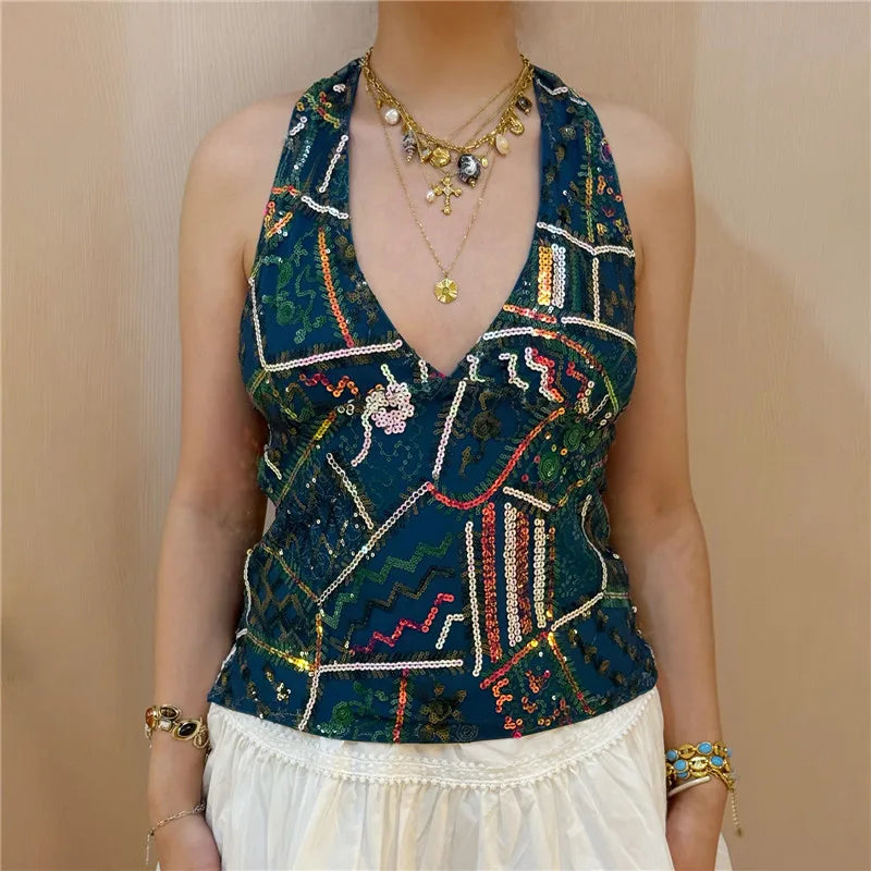 Y2k Woman Sexy Colorful Sequin Tank Tops Sleeveless Halter Neck Crop Vest V Neck Backless Cami Tops Streetwear