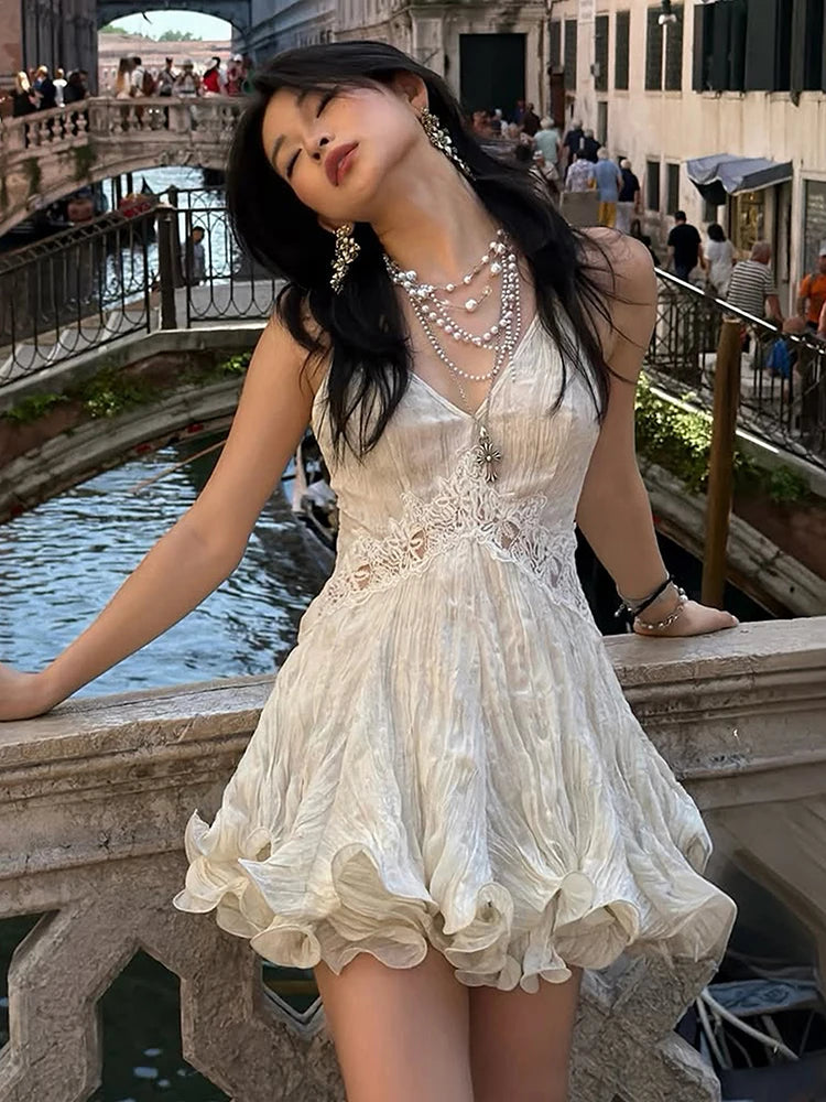 Lace Patchwork Sling Dress Woman Low-Neck Cross Bandage Backless Puffy Hem Sweet Girls Birthday Party Elegant Bodycon