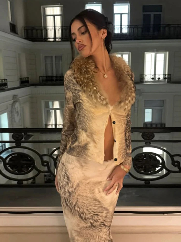 Elegant 2-Piece Set Women Fur Collar Single Breasted Crop Tops+Skirt Matching Streetwear Tight Luxury Skinny Outfits