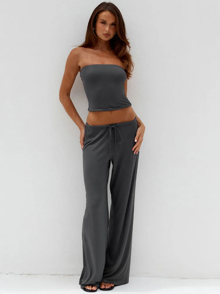 Fashion Long Pants Set Women Strapless Off-shoulder Crop Top Trouser Matching Sets Female Slim Fit Club Party Pants Set