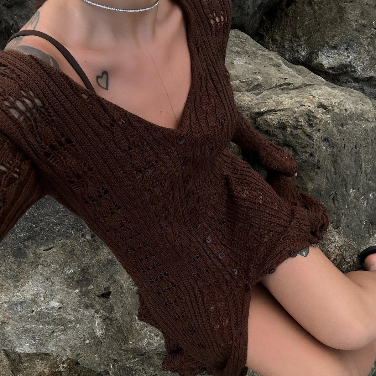 Button Front Long Sleeve Sheer Open-knit Long Cover-up Jacket Women Autumn Beach Vacation Outfit Maxi Cardigan