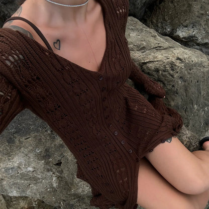 Button Front Long Sleeve Sheer Open-knit Long Cover-up Jacket Women Autumn Beach Vacation Outfit Maxi Cardigan