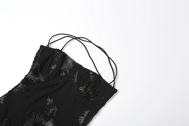 Flower-applique Lace-up Backless Maxi Dress Sexy Black Party Dresses Woman Elegant Evening Gown