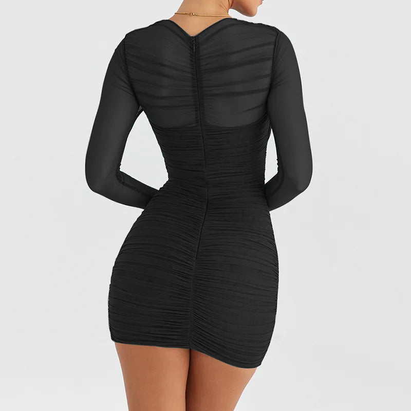 V Neck Cross Ruched Mesh Party Dresses for Women Fall Winter See Through Long Sleeve Short Dress Club Outfits