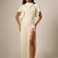 Women Satin Sexy Maxi Dress Cowl Neck Flutter Short Sleeve Lace Trim High Slit Floor‑Length Evening Party Long Dresses