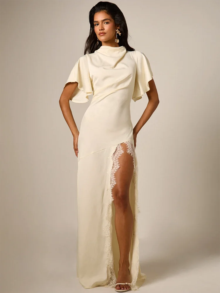 Women Satin Sexy Maxi Dress Cowl Neck Flutter Short Sleeve Lace Trim High Slit Floor‑Length Evening Party Long Dresses