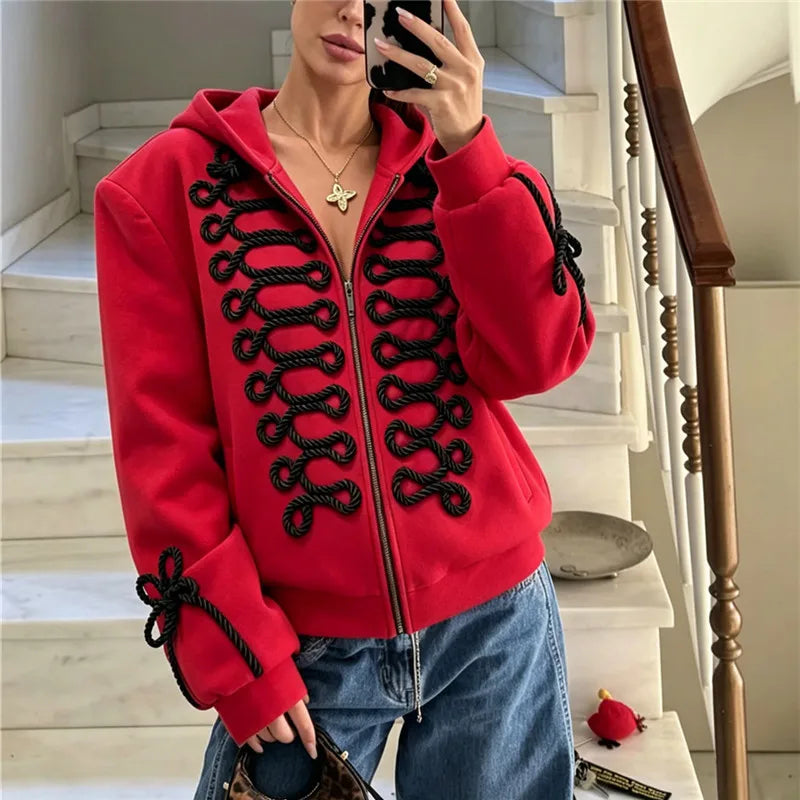Y2K Women Structured Shoulder Zip Hoodie 3D Rope Embroidery Braid Trim Jacket Street Fashion Casual Winter Hooded Coat