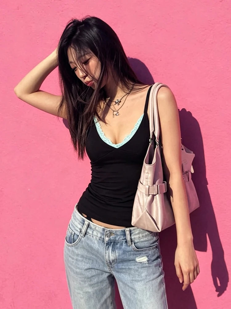 Lace Patchwork Camisole Women Low-Neck Music Festival Sexy Midnight Hottie Summer Fashion Hip-Hop Style Streetwear