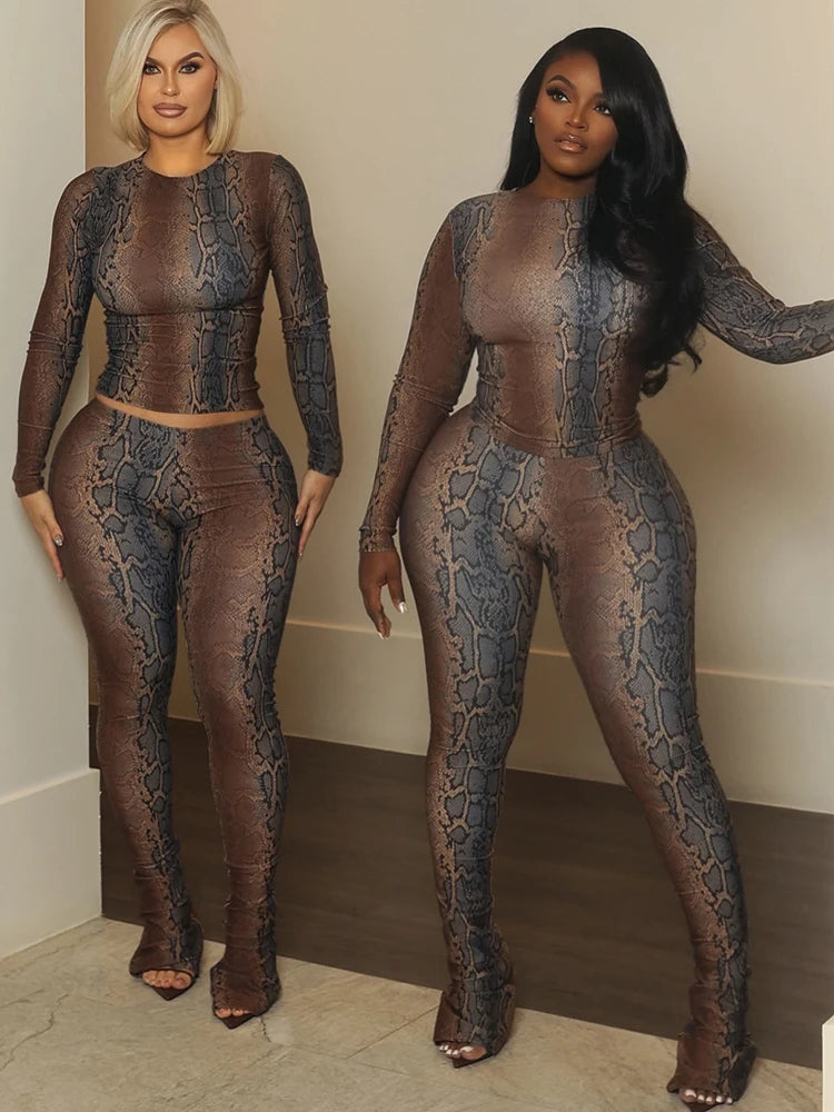 Snake Colorful Print 2-Piece Set Women Tracksuit Tight Crop Tops+Leggings Matching Stretch Streetwear Hipster Outfits