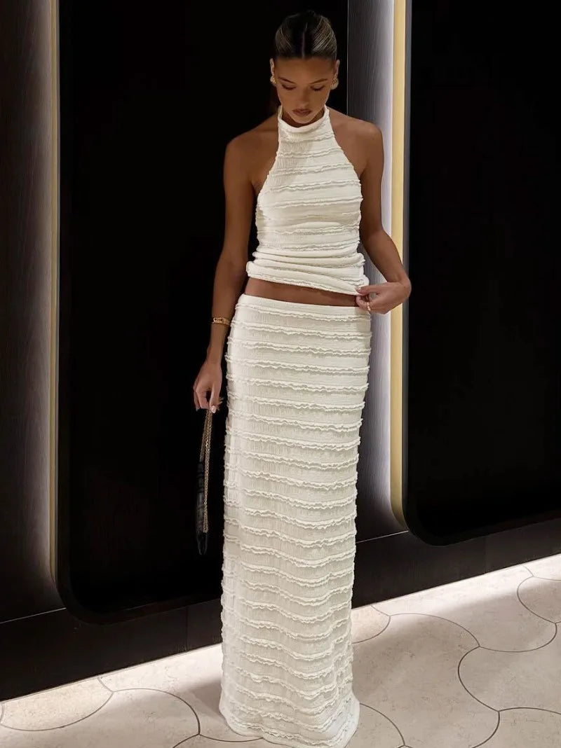Sexy Two Piece Dress Frilly Long Skirt and Backless Halter Top Matching Sets Elegant Mermaid Outfit