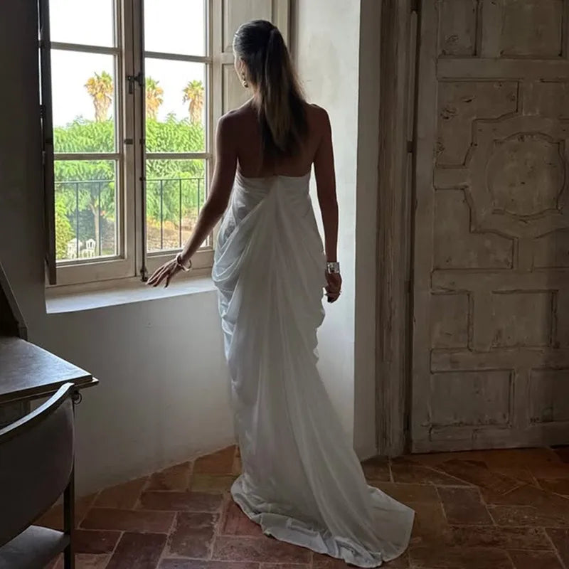 V Neck Backless Sleeveless Pleated Long Maxi Dress Sexy Mesh White Dresses for Woman Party Wedding