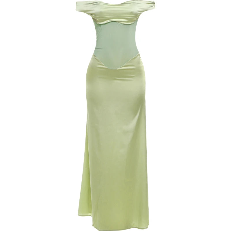 Backless Sexy Party Dress Women Y2K Slash Neck Patchwork Mesh Summer Luxury Satin Birthday Banquet Elegant Vestidos