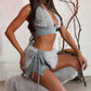 Women Wolf Costume Halloween Faux Fur 4Pcs Outfit Halter Crop Top Jagged Skirt Ear Headband Leg Warmers Cosplay Party