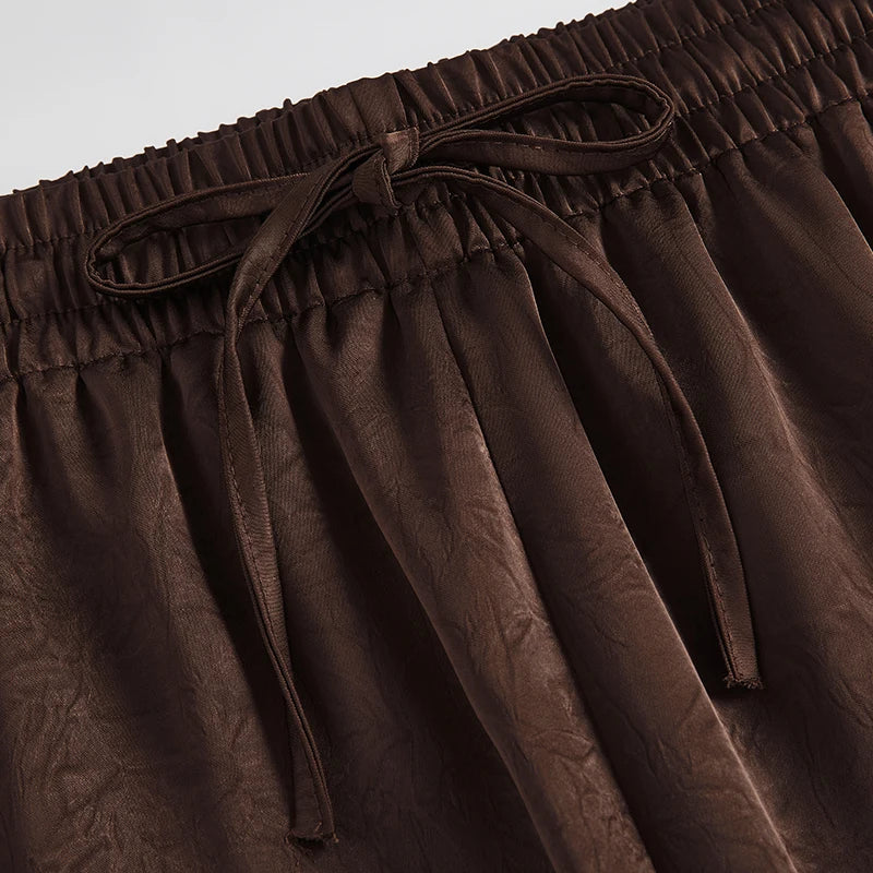 Women's High Waist Drawstring Satin Wide Leg Pants, Casual Loose Fit Solid Color Trousers, Elegant Silky Summer Bottoms