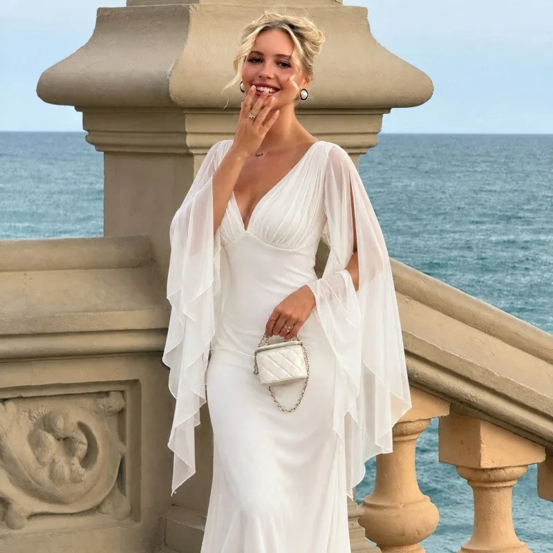 V-neck Floor-length Evening Gown with Mesh Flowing Cape Sleeves White Black Elegant Maxi Dresses Wedding