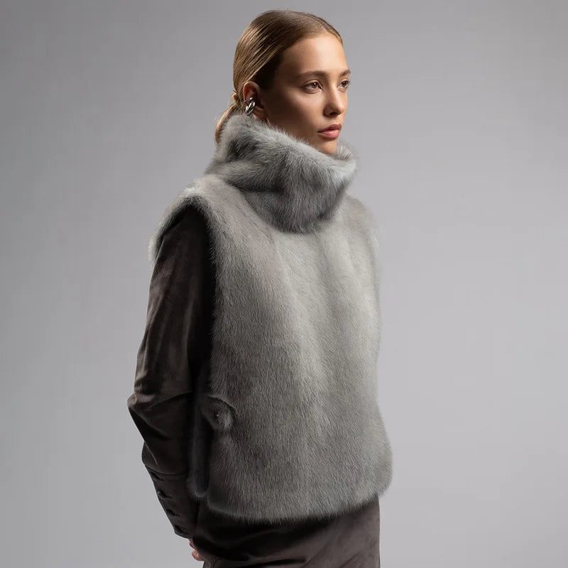 Woman Vests Luxury Faux Fur Warm Fluffy Turtleneck Buckle-down Sleeveless Top Coat Jacket Winter Clothes