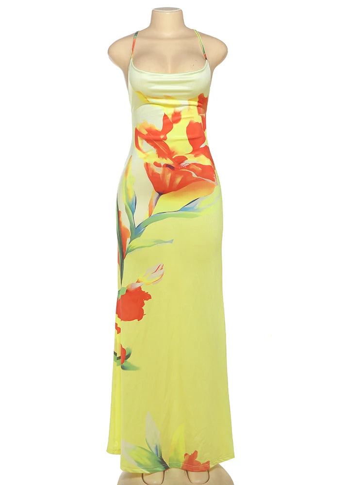 Floral Print Sexy Lace-Up Backless Dress Women Ruched Swing Collar Sleeveless Robe Vacation Trend Beach Party Outfits