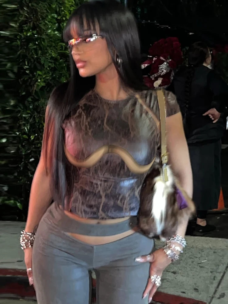 Mesh Patchwork Crop Tops Women Fashion Print o-Neck Sleeveless Skinny Stretch Hot Girls Street Fashion Wild T-Shirts