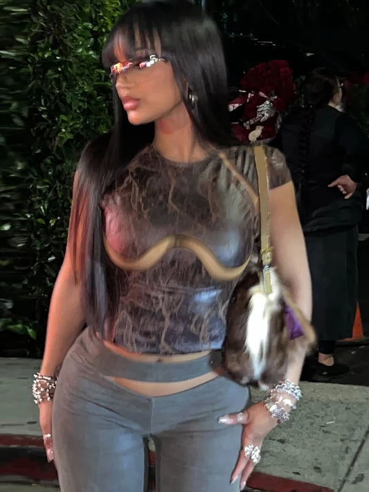 Mesh Patchwork Crop Tops Women Fashion Print o-Neck Sleeveless Skinny Stretch Hot Girls Street Fashion Wild T-Shirts