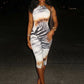Halter Backless Rompers Woman Summer Zebra Stripes Patchwork Sleeveless Skinny Peach Hip Streetwear Sexy Playsuit