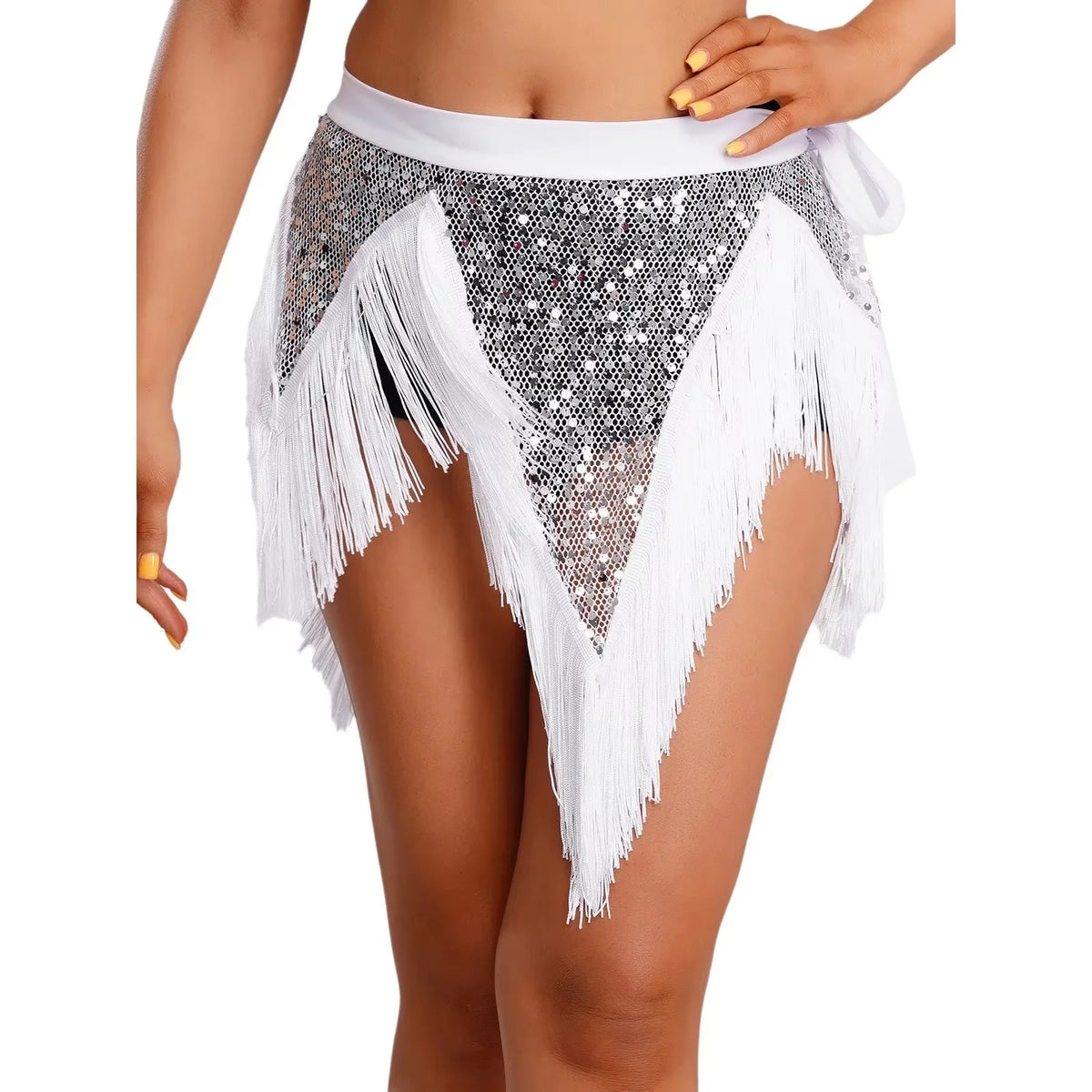 Sparkly Sequin Tassel Wrap Skirt Women Irregular Triangle Hem Side Tie Waist Skirt Rave Belly Dance Party Costume Outfit