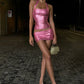 Hottie Sexy 2 Piece Set Woman Halter Backless Shape Waist Tank Tops+Skinny Peach Hip Mini Skirts Club Party Suits