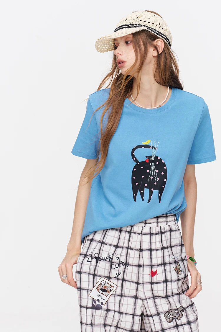 Cat Print Short Sleeve T-Shirt, Casual Round Neck Tee, Basic Daily Top for Women