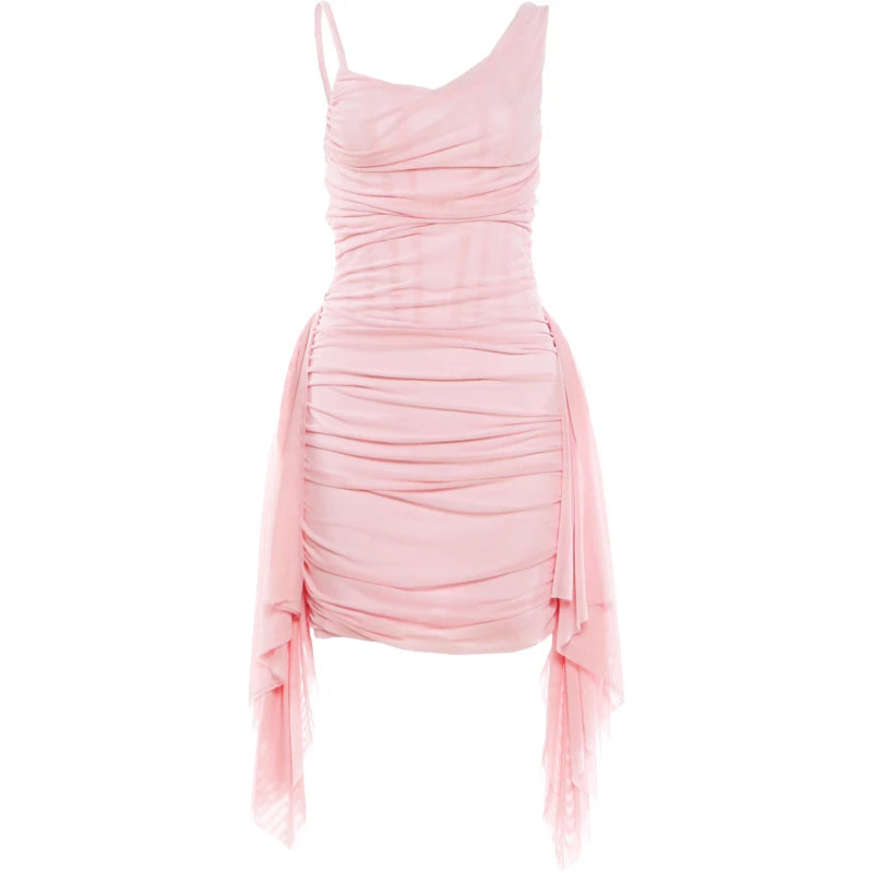 Ruffles Tassel Dress Women Folds Low-Neck Patchwork Mesh Sleeveless Sweet Elegant Prom Party Summer Chic Mini Bodycon