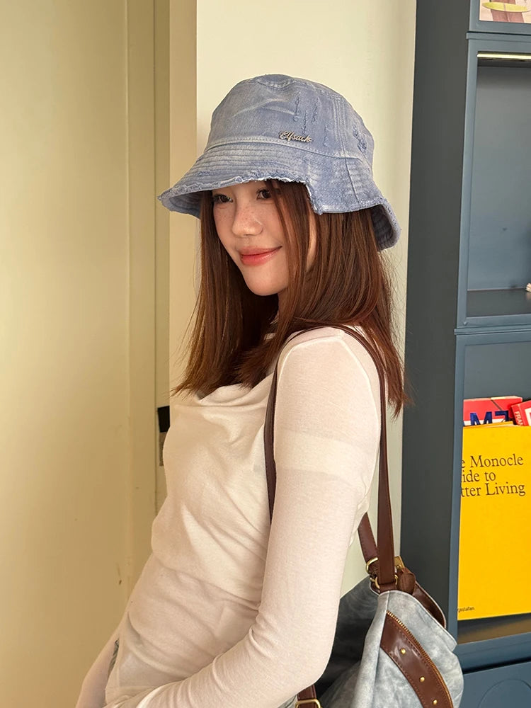 Vintage Denim Raw-Edge Sun Visor Fisherman Hat for Women