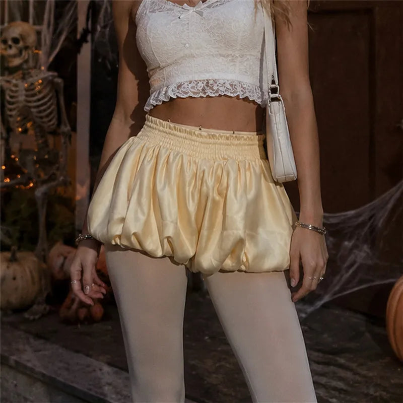 Women Elastic Smocked High Waist Satin Bubble Shorts Loose Pleated Puff Balloon Lantern Shorts Rave Party Club Bottoms