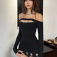Metal Ring Hollow Dress Women Slash Neck Full Sleeve Slim Stretch Sexy Party Music Festival Skinny Midnight Mini Bodycon