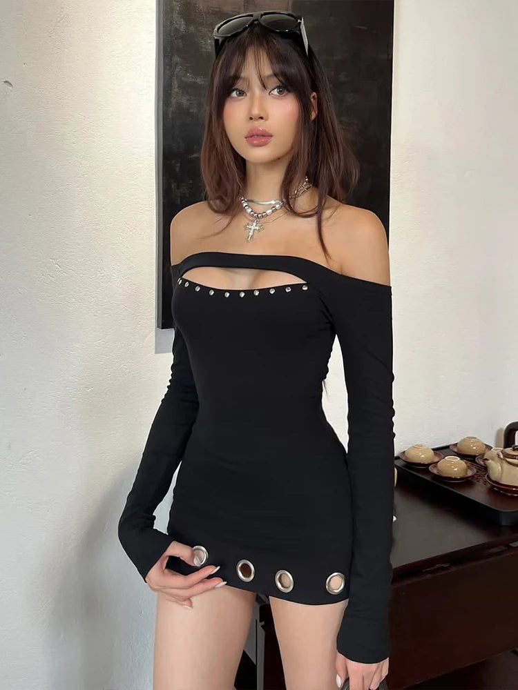 Metal Ring Hollow Dress Women Slash Neck Full Sleeve Slim Stretch Sexy Party Music Festival Skinny Midnight Mini Bodycon