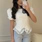 Y2K Cute Puff Bubble Short Sleeve Crop Top Women Back Drawstring Ruched Waist Irregular Lace Trim Hem Slim Fitted Blouse