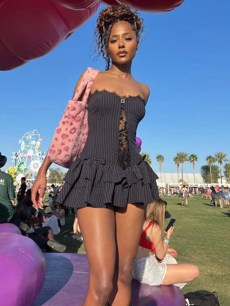 Lace Off-shoulder Ruffle Sexy Mini Dress Women Summer Fashion Striped Hollow Out Strapless High Waist Club Party Dress