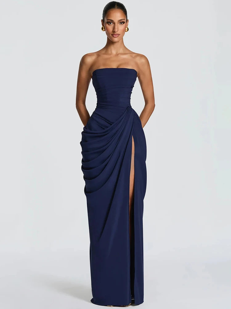 Chiffon Off-shoulder Strapless Sexy Maxi Dress Women Elegant Sleeveless Backless High Split Ruched Club Party Dress