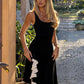 Women Black Sleeveless Midi Dress U Neck Slim Fit Contrast White Ruffle Split Long Dress Elegant Holiday Party Dresses