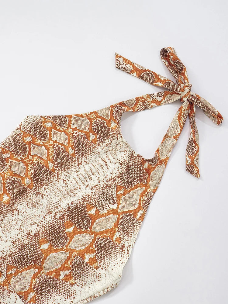 Serpentine Print Jumpsuits Women Bandage Halter Backless Sleeveless Skinny Peach Hip Midnight Club Party Overalls