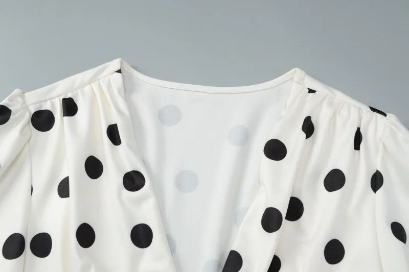Classic Polka Dot Print White Dress Woman Clothing Sexy Deep V Neck Flare Sleeve Short Dresses Fall