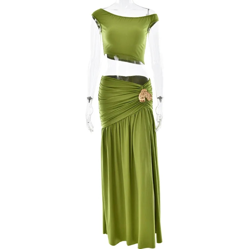 Two Piece Sets for Woman Off Shoulder Crop Top and Split Long Skirt Matching Set Green Beach Vacation Outfits